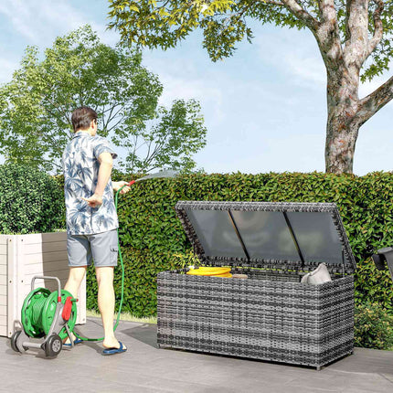 Rotangpalmas spilvenu kaste, 380 l, laikapstākļiem izturīga spilvenu kaste ar vāku, uzglabāšanas vieta, UV izturīgs, 130 x 61 x 65 cm, tumši pelēka