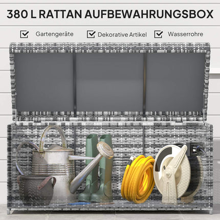 Rotangpalmas spilvenu kaste, 380 l, laikapstākļiem izturīga spilvenu kaste ar vāku, uzglabāšanas vieta, UV izturīgs, 130 x 61 x 65 cm, tumši pelēka
