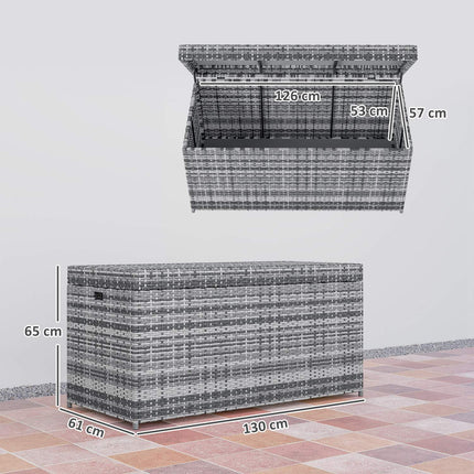 Rotangpalmas spilvenu kaste, 380 l, laikapstākļiem izturīga spilvenu kaste ar vāku, uzglabāšanas vieta, UV izturīgs, 130 x 61 x 65 cm, tumši pelēka
