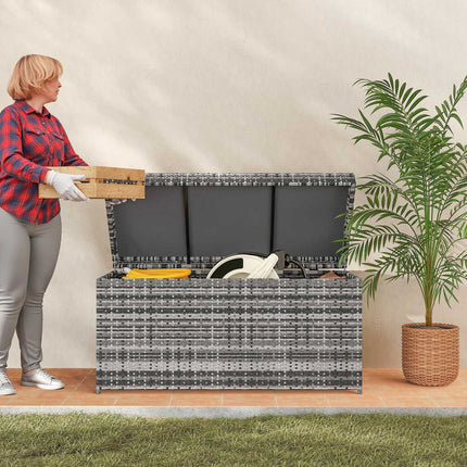 Rotangpalmas spilvenu kaste, 380 l, laikapstākļiem izturīga spilvenu kaste ar vāku, uzglabāšanas vieta, UV izturīgs, 130 x 61 x 65 cm, tumši pelēka