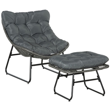 Rotangpalmas relaksācijas krēsls ar kāju balstu, dārza krēsls, āra rotangpalmas krēsls ar spilveniem, tērauds un poliesters, pelēks 69x76x70 cm dārzam un terasei |
