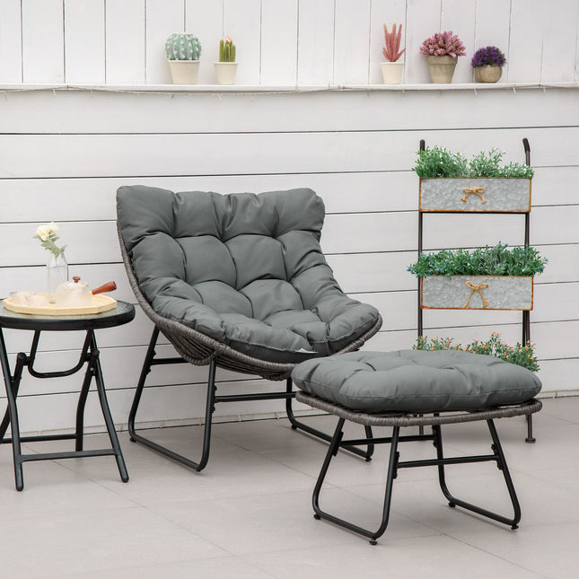 Rotangpalmas relaksācijas krēsls ar kāju balstu, dārza krēsls, āra rotangpalmas krēsls ar spilveniem, tērauds un poliesters, pelēks 69x76x70 cm dārzam un terasei |