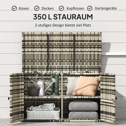 Rotangpalmas uzglabāšanas kaste 350L 2 līmeņu laikapstākļiem izturīga spilvenu kaste ar vāka pacelšanas stieņiem, rokturiem, UV izturīga dārza kaste, uzglabāšanas kaste, dārza lāde dārza terases balkonam, 118x57x69 cm, jaukta pelēka |