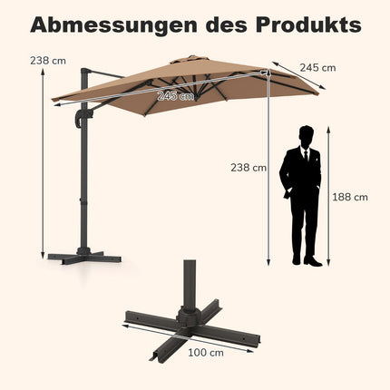 Taisnstūra konsoles saulessargs 250x250 cm ar kloķi, brūns