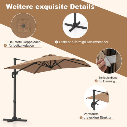 Taisnstūra konsoles saulessargs 250x250 cm ar kloķi, brūns