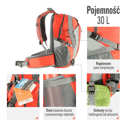 Sarkana pārgājienu mugursoma, 30 litru ietilpība, viegla