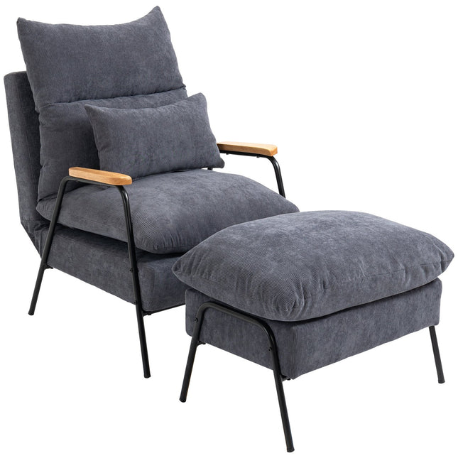 Relaksācijas krēsla spārnu krēsls ar tabureti, TV krēsls ar noliecamu atzveltni, spilvens, polsterēts krēsls, TV krēsls, pelēks, 68 x 91,5 x 88 cm