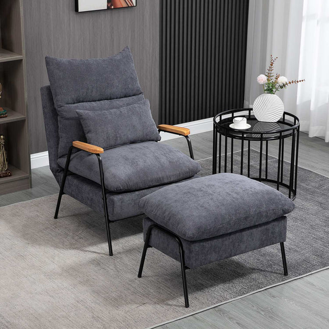Relaksācijas krēsla spārnu krēsls ar tabureti, TV krēsls ar noliecamu atzveltni, spilvens, polsterēts krēsls, TV krēsls, pelēks, 68 x 91,5 x 88 cm