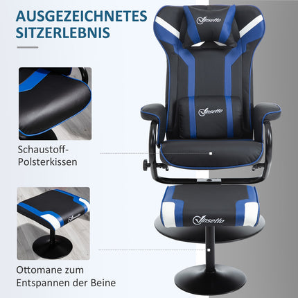 Relaksācijas krēsls ar kāju balstu, TV krēsls, polsterēts krēsls spēļu stilā, spēļu krēsls ar atgāšanas funkciju, 130° noliecams, tumši zils + melns