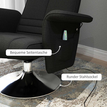 Rotating reclining massage chair with ottoman, black linen