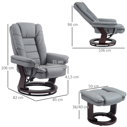 Gray recliner with stool, 360° rotatable, synthetic leather