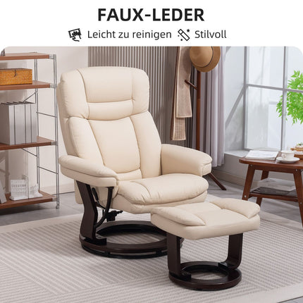 Cream Faux Leather Recliner Chair with Ottoman, 360° rotatable