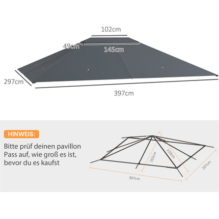 Rezerves jumts dārza paviljonam 4 x 3 m, ūdeni atgrūdošs paviljona jumts ar UV aizsardzību 30+, rezerves pārsegs dārza paviljonam, rezerves daļas izgatavotas no poliestera auduma, 180 g/m², tumši pelēks