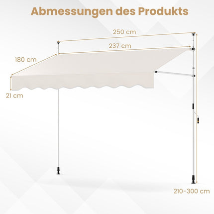 Izvelkama markīze, bez urbšanas, regulējams augstums, 250 cm, balta