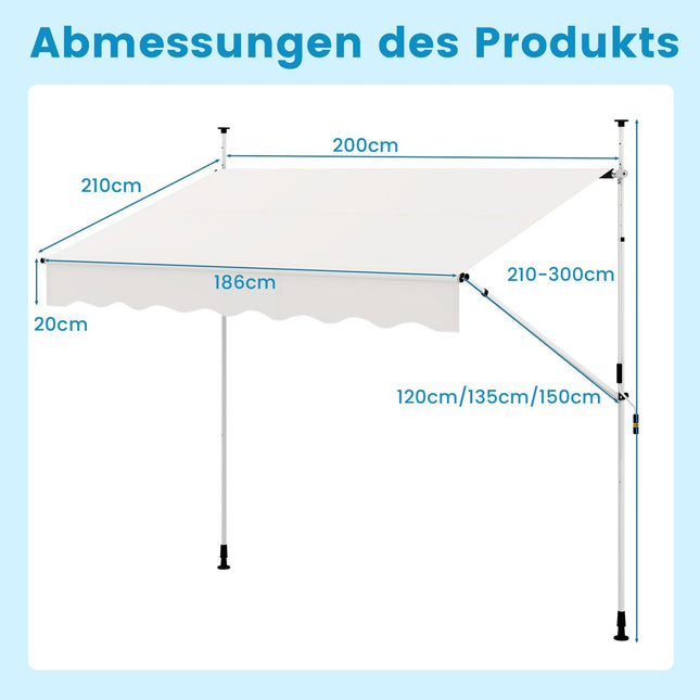 Izvelkama balkona markīze, 200 cm, bez urbšanas, UV izturīga