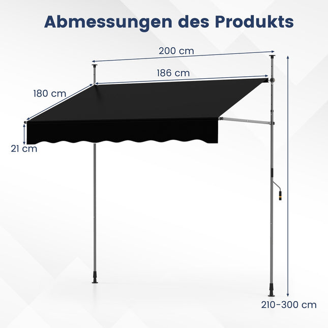 Izvelkama balkona markīze, bez urbšanas, UV izturīga, 200 cm, melna