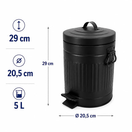 Retro Bathroom Pedal Bin 5 L with Soft-Close Lid, Black, Removable Inner Bin