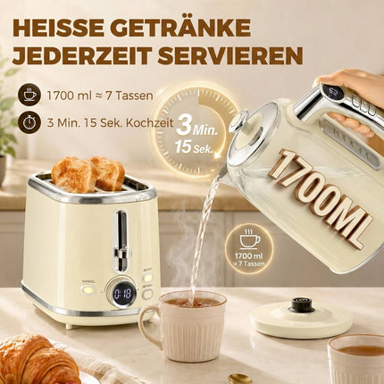 Retro tējkannas un tostera komplekts ar LED displeju, krēmkrāsas
