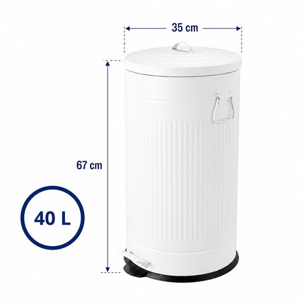 Retro Pedal Waste Bin 40 L with Soft-Close Lid, White, Iron