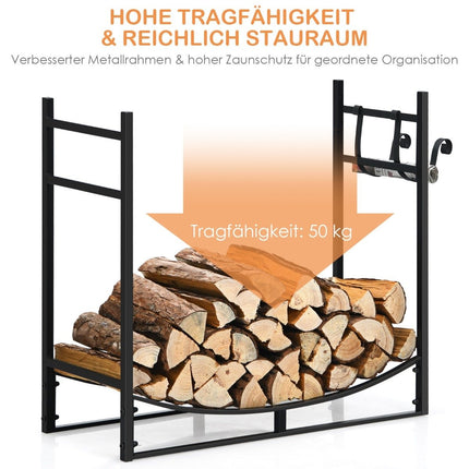 Izturīgs kamīna plaukts, malkas statīvs ar noņemamu iekura turētāju, 84 x 33 x 76 cm, melns