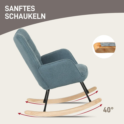 Šūpuļkrēsls, šūpuļkrēsls ar berberu vilnas izskatu, roku balsts, polsterēts krēsls ar koka sliedēm, atpūtas krēsls viesistabai, guļamistabai, kravnesība līdz 120 kg, gaiši zils