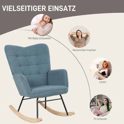 Šūpuļkrēsls, šūpuļkrēsls ar berberu vilnas izskatu, roku balsts, polsterēts krēsls ar koka sliedēm, atpūtas krēsls viesistabai, guļamistabai, kravnesība līdz 120 kg, gaiši zils