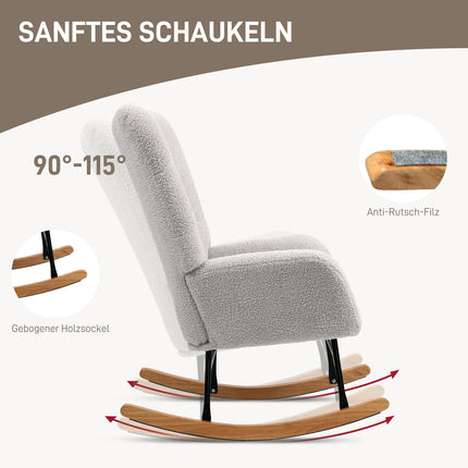 Šūpuļkrēsls, šūpuļkrēsls ar roku balstiem, mīkstā samta izskats, atpūtas krēsls ar koka sliedēm, šūpuļkrēsls, barošanas krēsls guļamistabai, viesistabai, gaiši pelēks