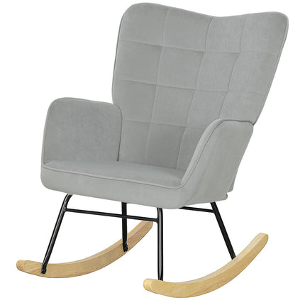 Light gray rocking chair in velvet look with wooden runners