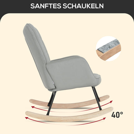 Light gray rocking chair in velvet look with wooden runners