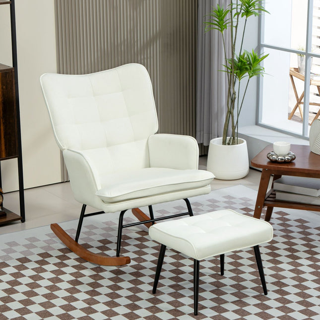 Rocking chair with stool, linen look, supports 130 kg