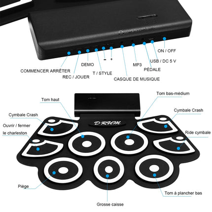 Sarullējams elektronisko bungu pads, USB MIDI, Bluetooth, austiņu ligzda