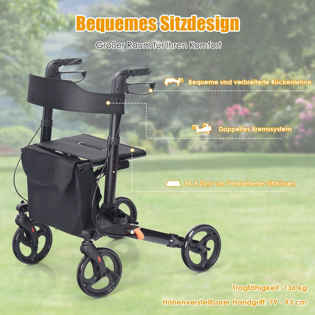 Rollators, salokāms ceļojumu rollators, viegls ar sēdekli, regulējamu augstumu rokturi un somu, melns