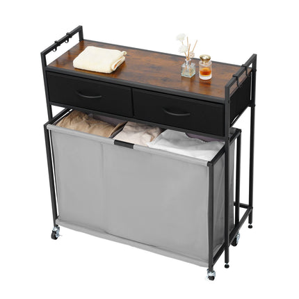 Rolling Laundry Sorter, 3-Section, 2 Drawers, Wood Top