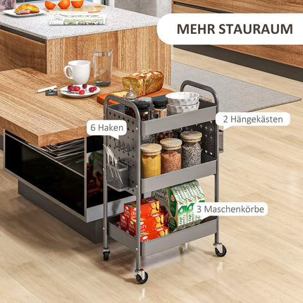 Riteņu ratiņi, 3 līmeņu servēšanas ratiņi, 2 piekarami grozi, uzglabāšanas ratiņi ar rokturi, virtuves ratiņi, sānu ratiņi, tērauds, tumši pelēks