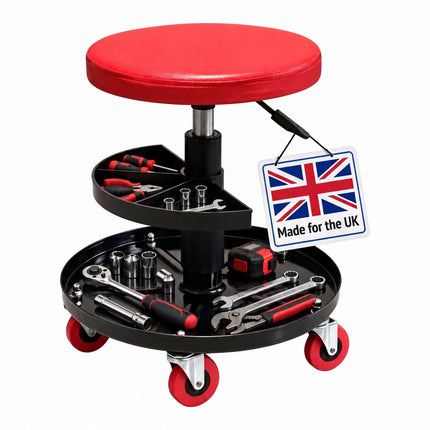 Rolling Workshop Stool with 2-Tier Tool Storage, 42–56 cm, Max 120 kg, Red