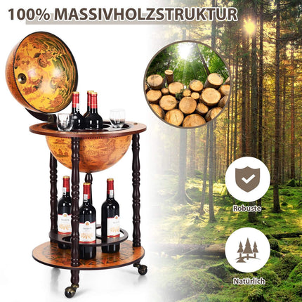 Riteņojošs globusa formas vīna statīvs Globe Bar uz riteņiem vīnam 47 x 47 x 90 cm brūns