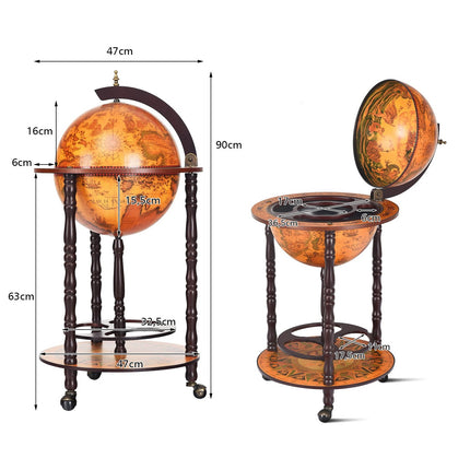 Riteņojošs globusa formas vīna statīvs Globe Bar uz riteņiem vīnam 47 x 47 x 90 cm brūns