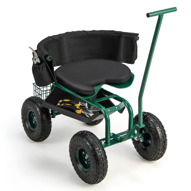 Riteņkrēsls ar riteņiem, 360° rotējošs, regulējams augstumā, mobilais dārza krēsls, 90 x 59 x 106 cm, zaļš
