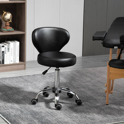 Masāžas krēsls ar ritošo krēslu - rotējošs darba krēsls par 360° - sēdekļa augstums regulējams 49-64 cm, ergonomiska atzveltne - hromēts metāls ar melnu mākslīgās ādas apdari