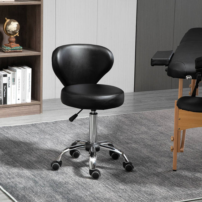 Masāžas krēsls ar ritošo krēslu - rotējošs darba krēsls par 360° - sēdekļa augstums regulējams 49-64 cm, ergonomiska atzveltne - hromēts metāls ar melnu mākslīgās ādas apdari