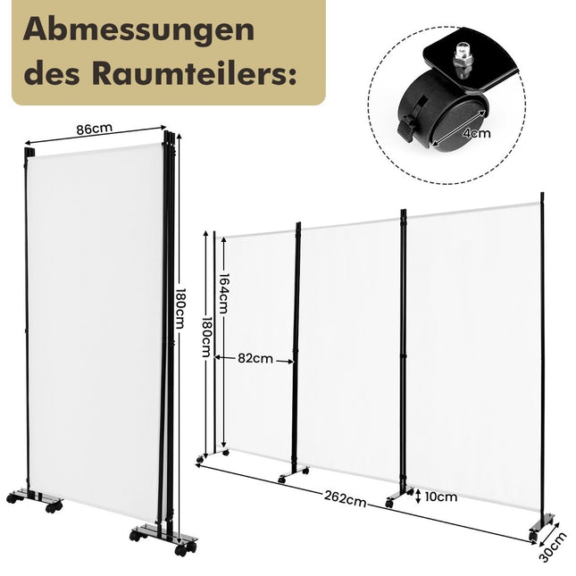Telpas aizslietnis uz riteņiem, 3 paneļi, salokāms, balts, 180 cm
