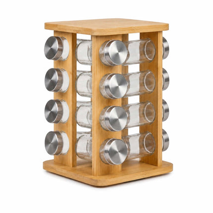 Rotating Bamboo Spice Carousel with 16 Glass Shaker Jars, Silver