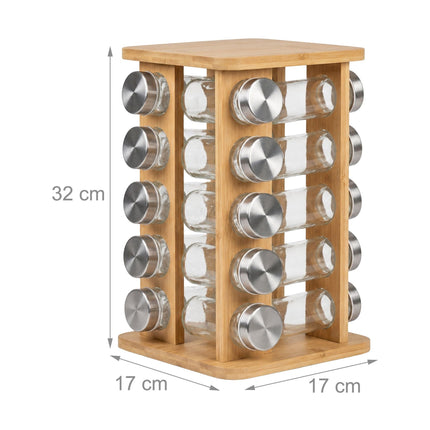 Rotating Bamboo Spice Carousel with 20 Glass Shaker Jars, Silver