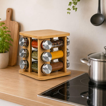 Rotating Bamboo Spice Carousel with 20 Glass Shaker Jars, Silver