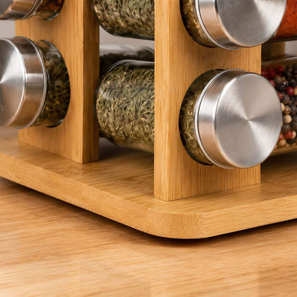 Rotating Bamboo Spice Carousel with 8 Glass Shaker Jars, Silver