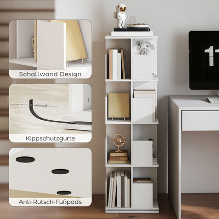 Rotējošs grāmatu plaukts, 4 līmeņi, 16 nodalījumi, balts MDF