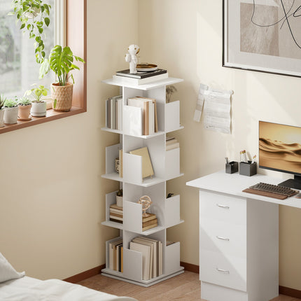 Rotējošs grāmatu plaukts, 4 līmeņi, 16 nodalījumi, balts MDF