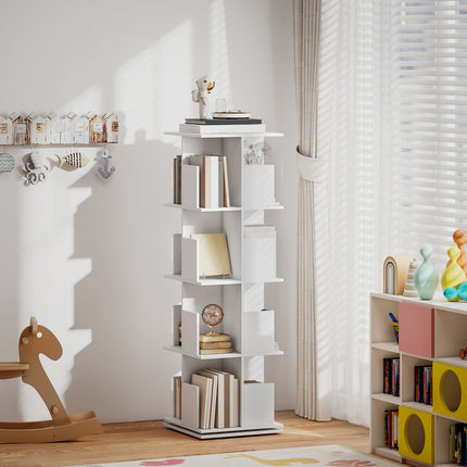Rotējošs grāmatu plaukts, 4 līmeņi, 16 nodalījumi, balts MDF