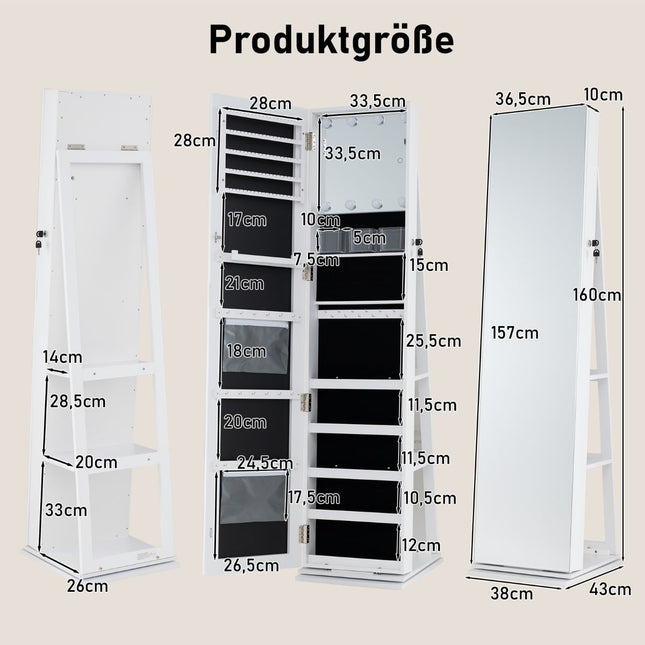 Rotējošs rotaslietu skapis ar spoguli, plauktiem un LED gaismām