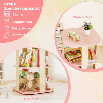 Rotējošs bērnu grāmatu plaukts, 3 līmeņi, 12 nodalījumi, rozā